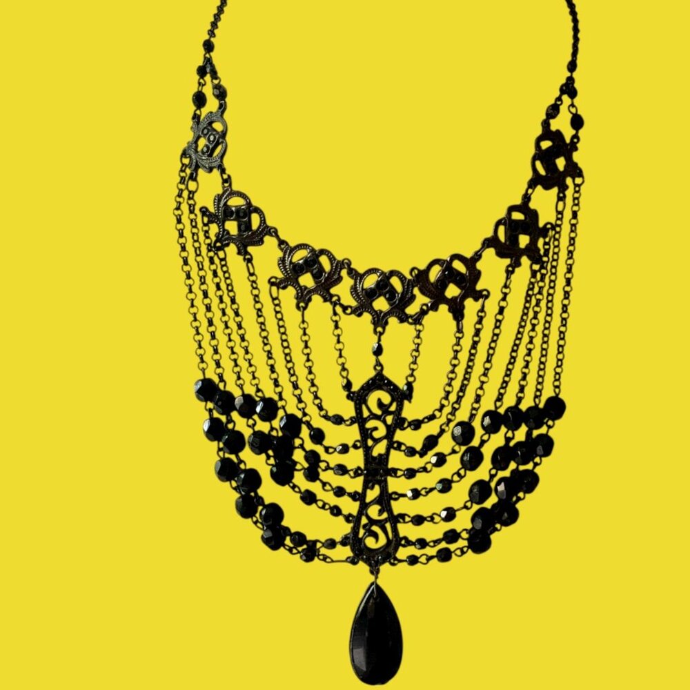 Statement Victorian Gothic Black Acrylic, Glass Bead Choker Necklace - Picture 2 of 7